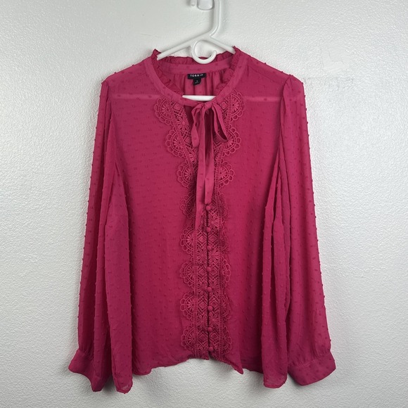 torrid Tops - Torrid Chiffon Clip Dot Ruffle Neck Tie Blouse Pink Peacock Swiss Dot Size 1